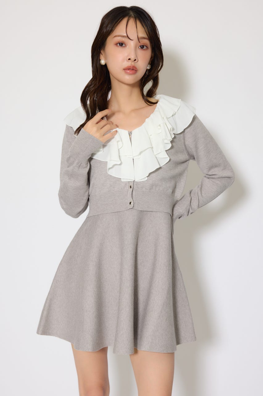 フリルカラーニットカーディガンセットワンピース GRY FREE
