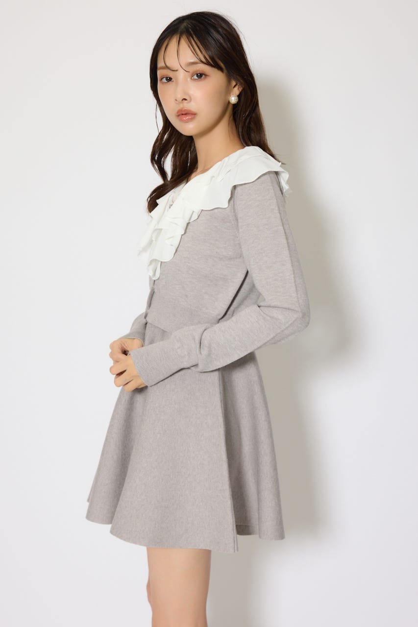 フリルカラーニットカーディガンセットワンピース GRY FREE