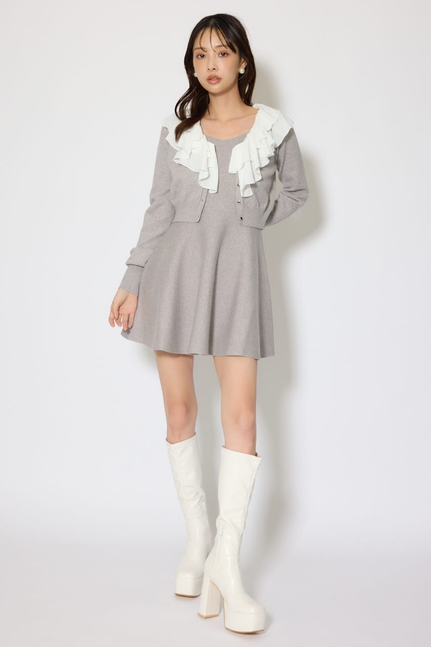 フリルカラーニットカーディガンセットワンピース GRY FREE