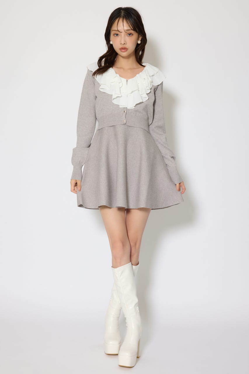 フリルカラーニットカーディガンセットワンピース GRY FREE