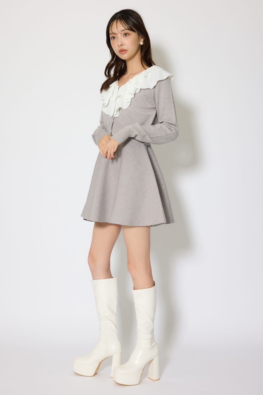 フリルカラーニットカーディガンセットワンピース GRY FREE