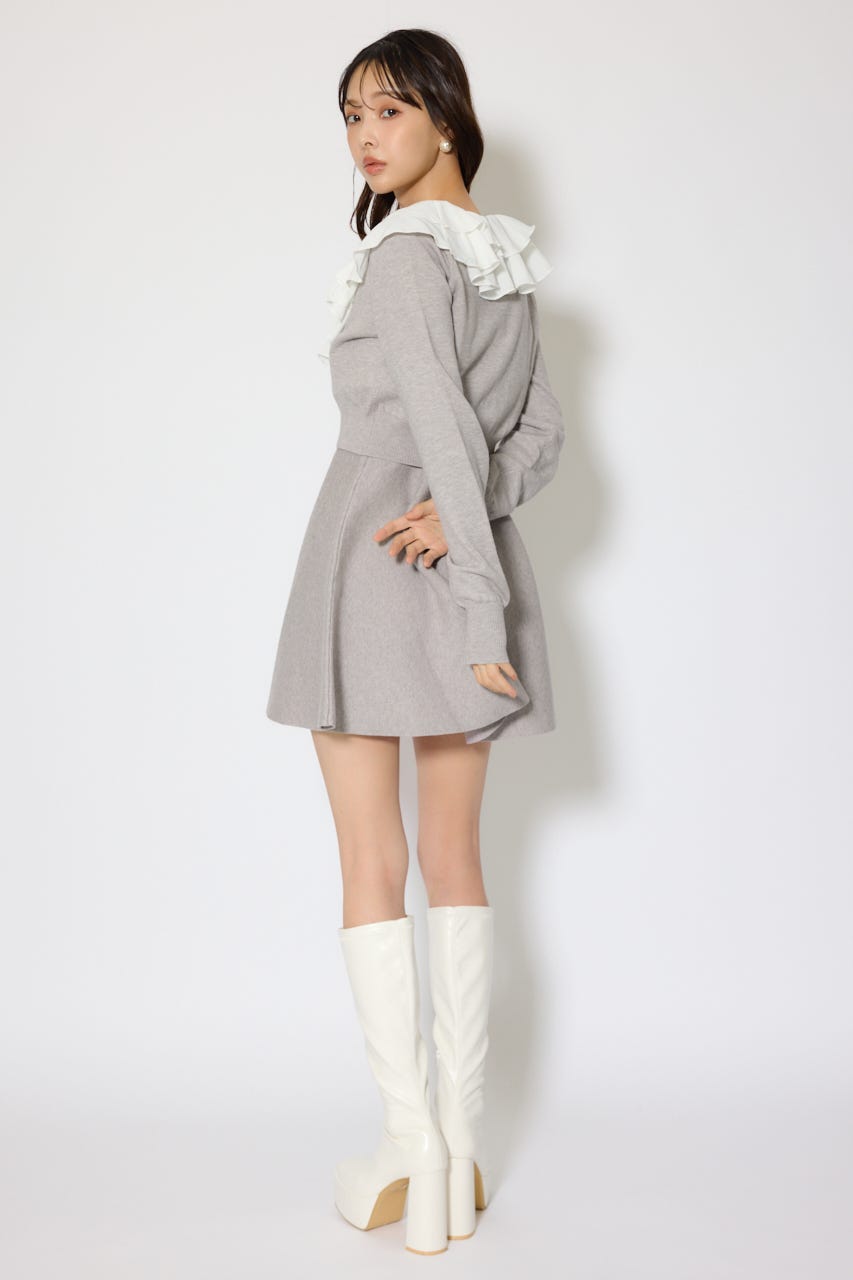フリルカラーニットカーディガンセットワンピース GRY FREE