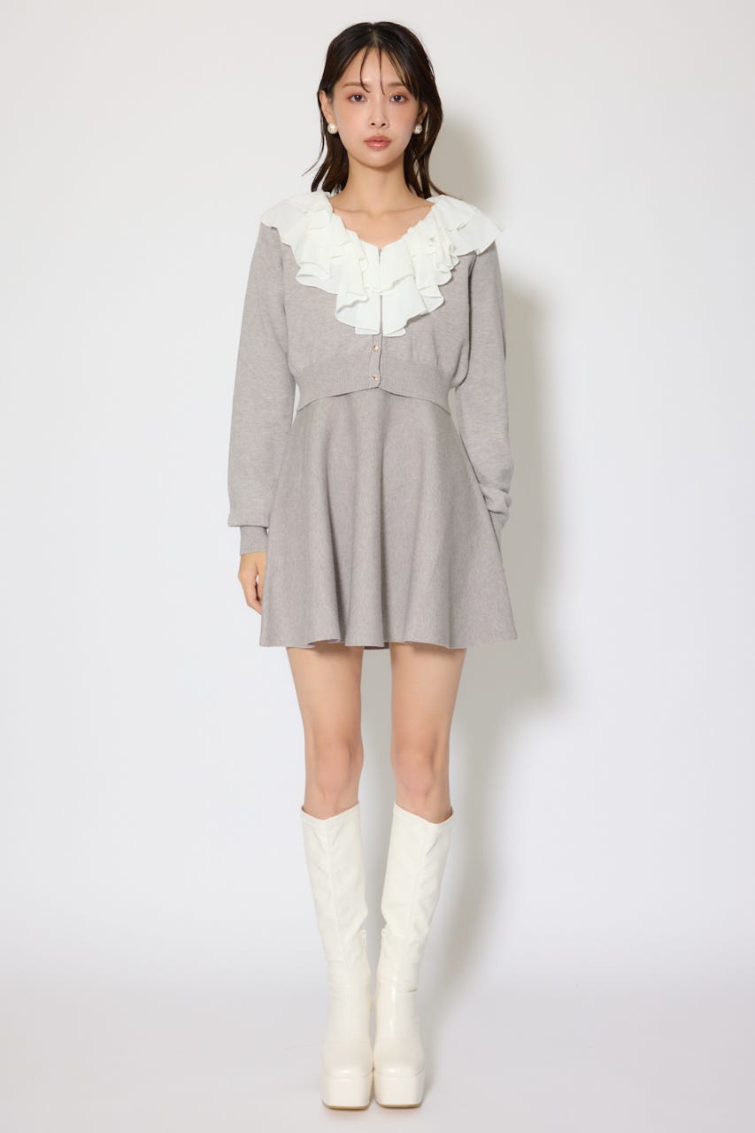 フリルカラーニットカーディガンセットワンピース GRY FREE