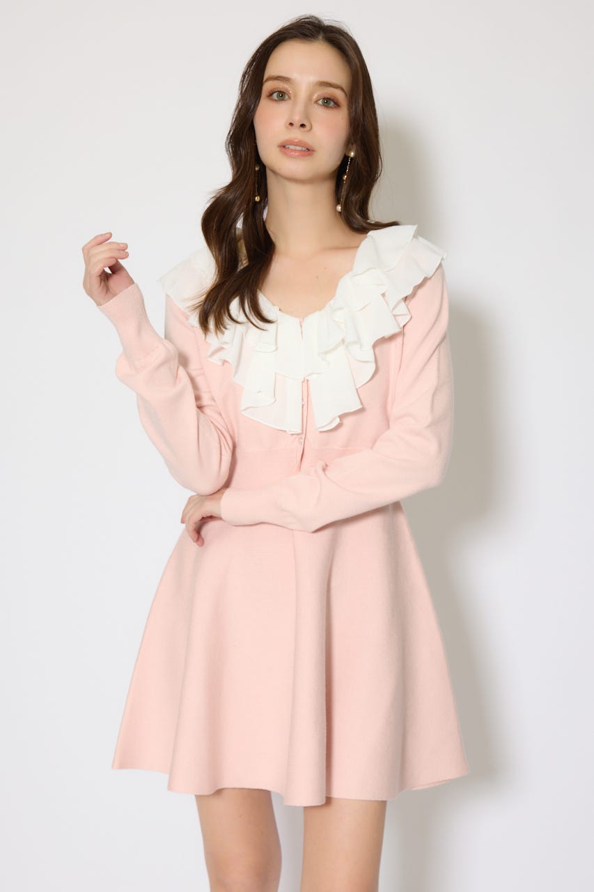 フリルカラーニットカーディガンセットワンピース PNK FREE