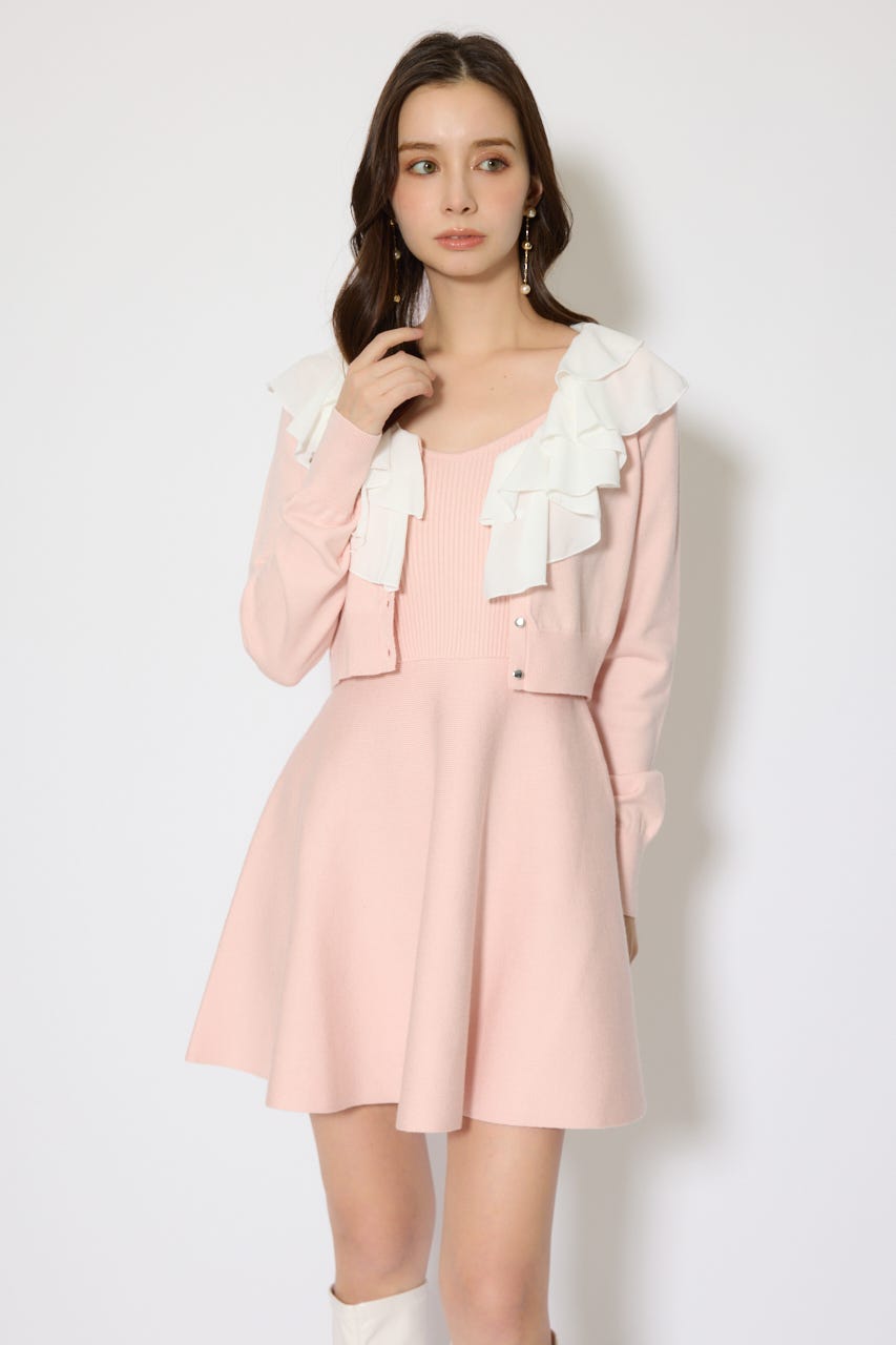 フリルカラーニットカーディガンセットワンピース PNK FREE