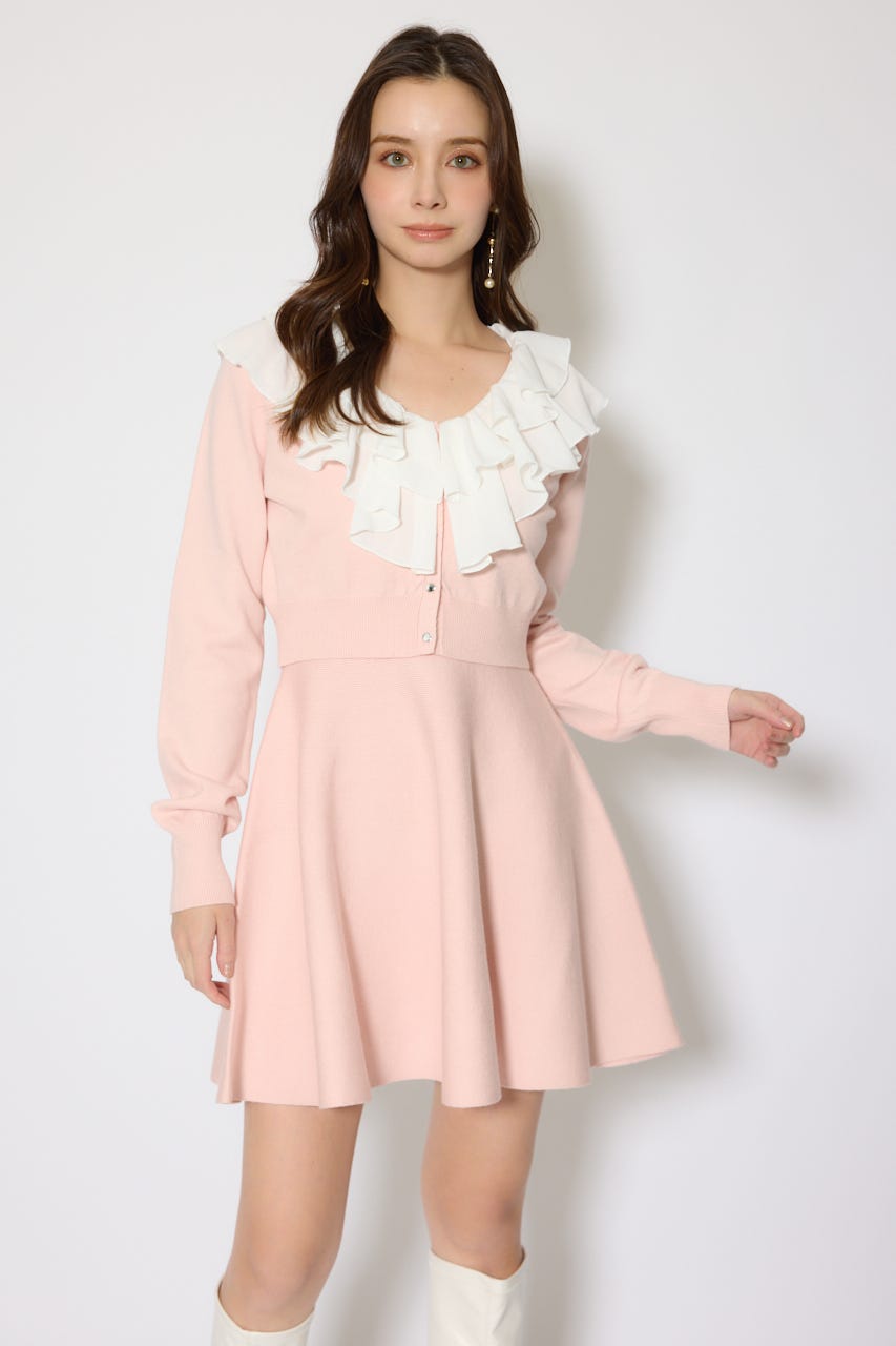 フリルカラーニットカーディガンセットワンピース PNK FREE