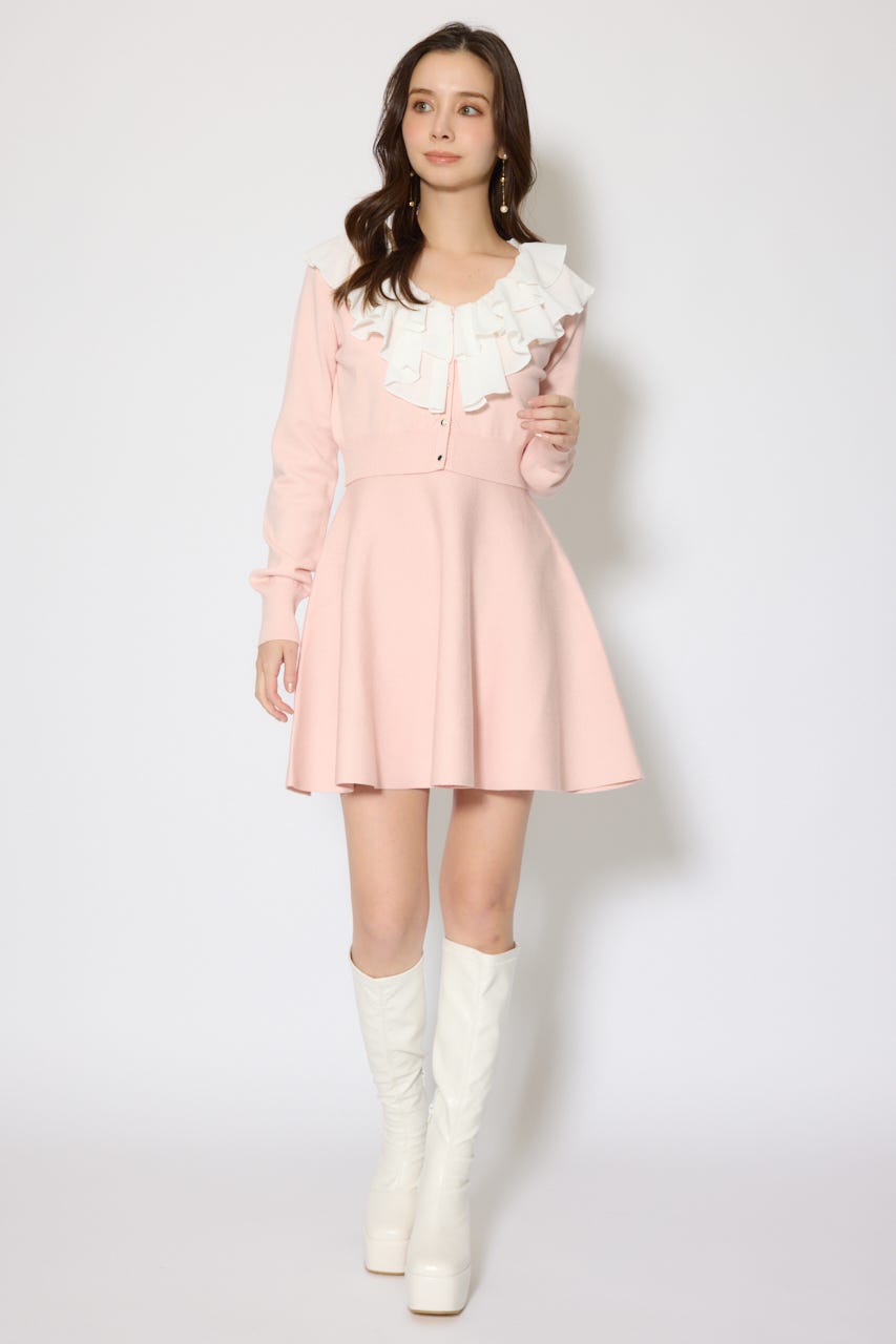 フリルカラーニットカーディガンセットワンピース PNK FREE