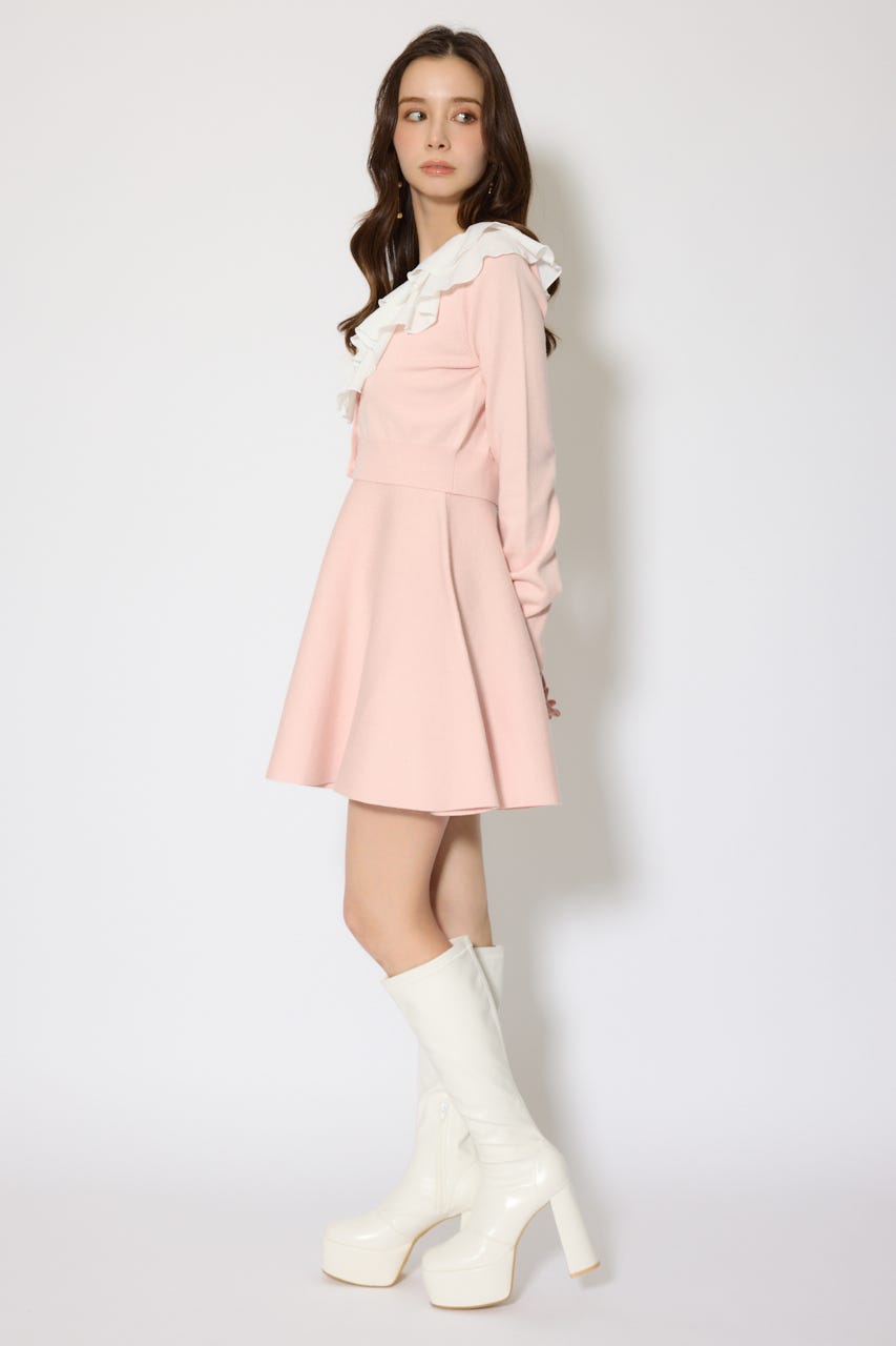 フリルカラーニットカーディガンセットワンピース PNK FREE