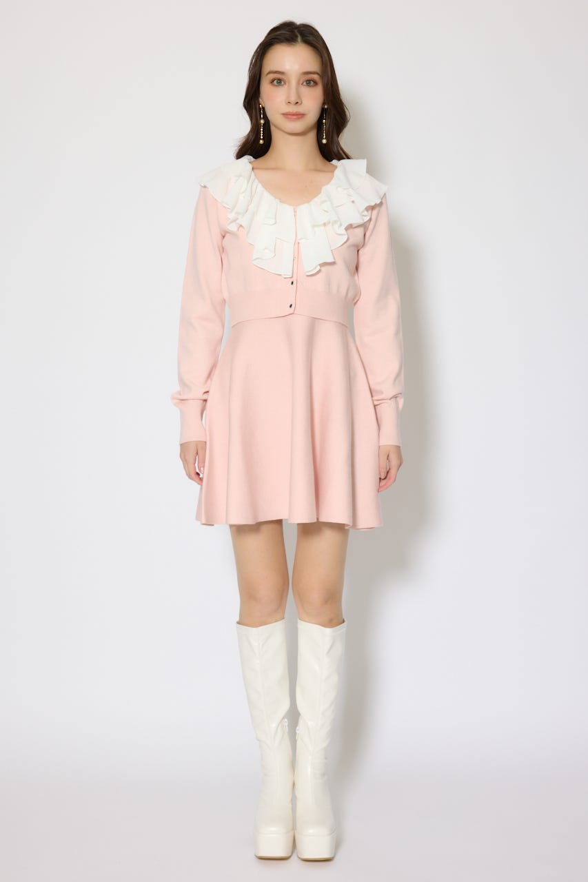 フリルカラーニットカーディガンセットワンピース PNK FREE