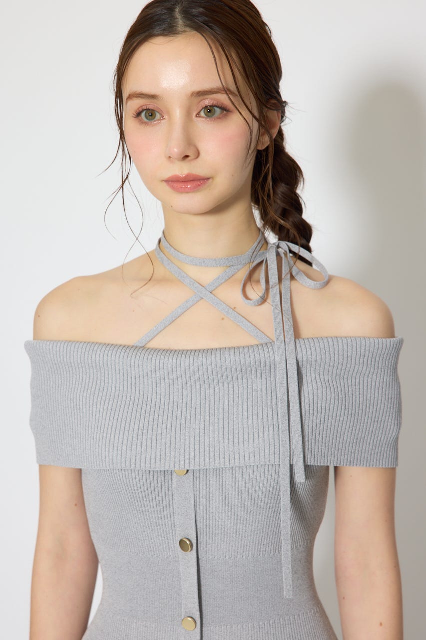 オフショルダーニットタイトワンピース GRY FREE