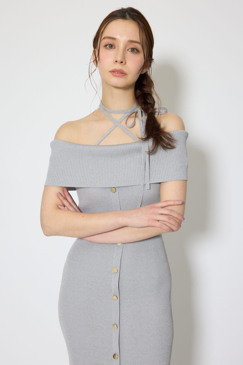 オフショルダーニットタイトワンピース GRY FREE