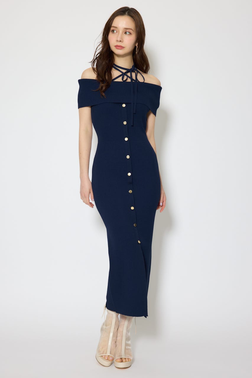 オフショルダーニットタイトワンピース NVY FREE