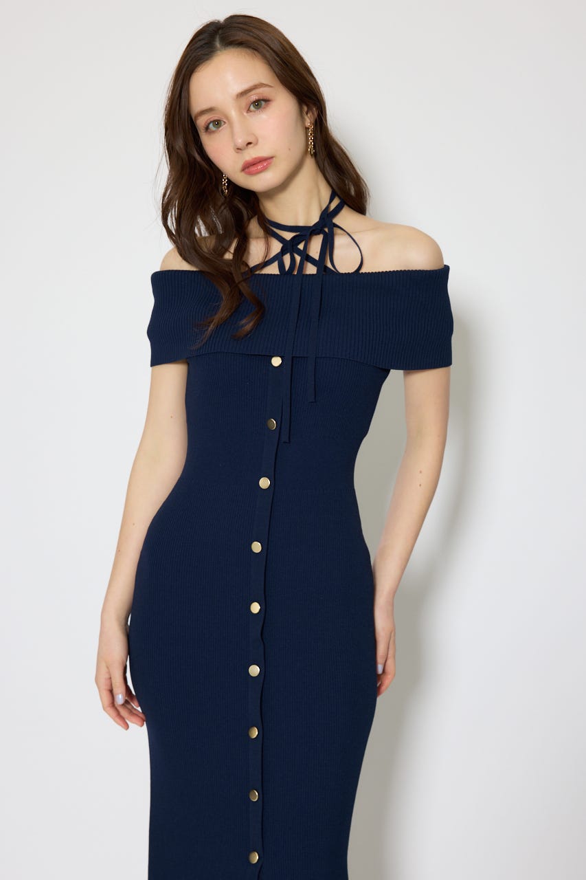 オフショルダーニットタイトワンピース NVY FREE