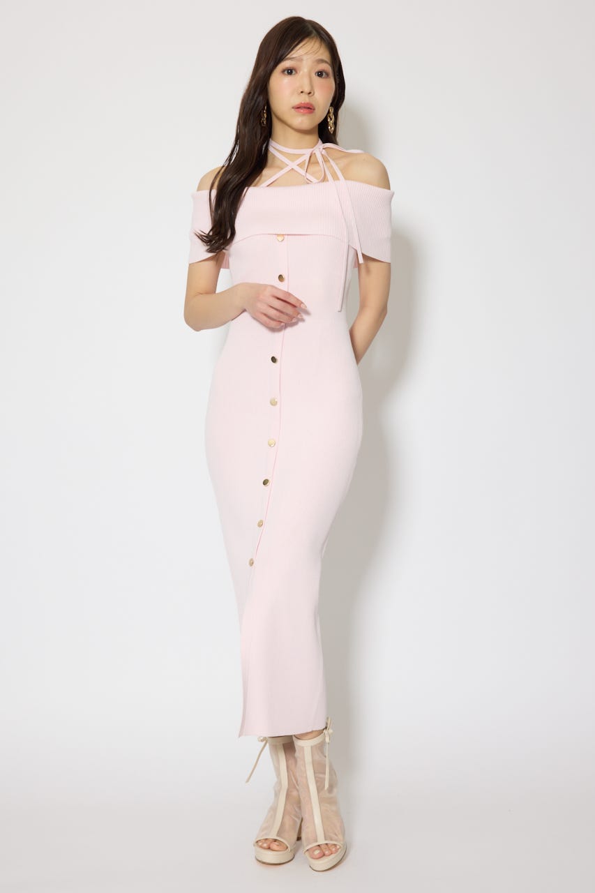 オフショルダーニットタイトワンピース PNK FREE