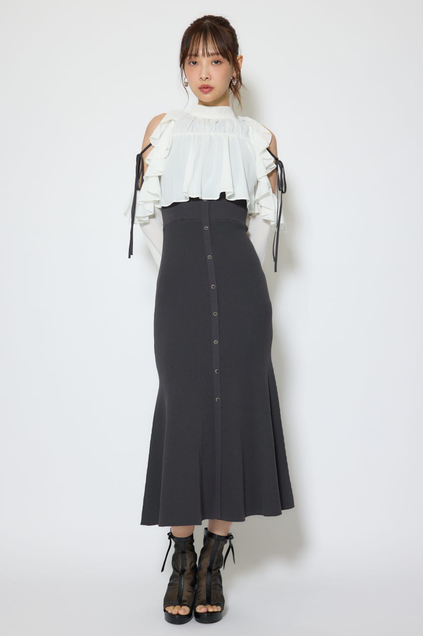 【1/25(日)23:59までSS先行予約会対象アイテム】オープンショルダーフリルニットセットワンピース BLK FREE