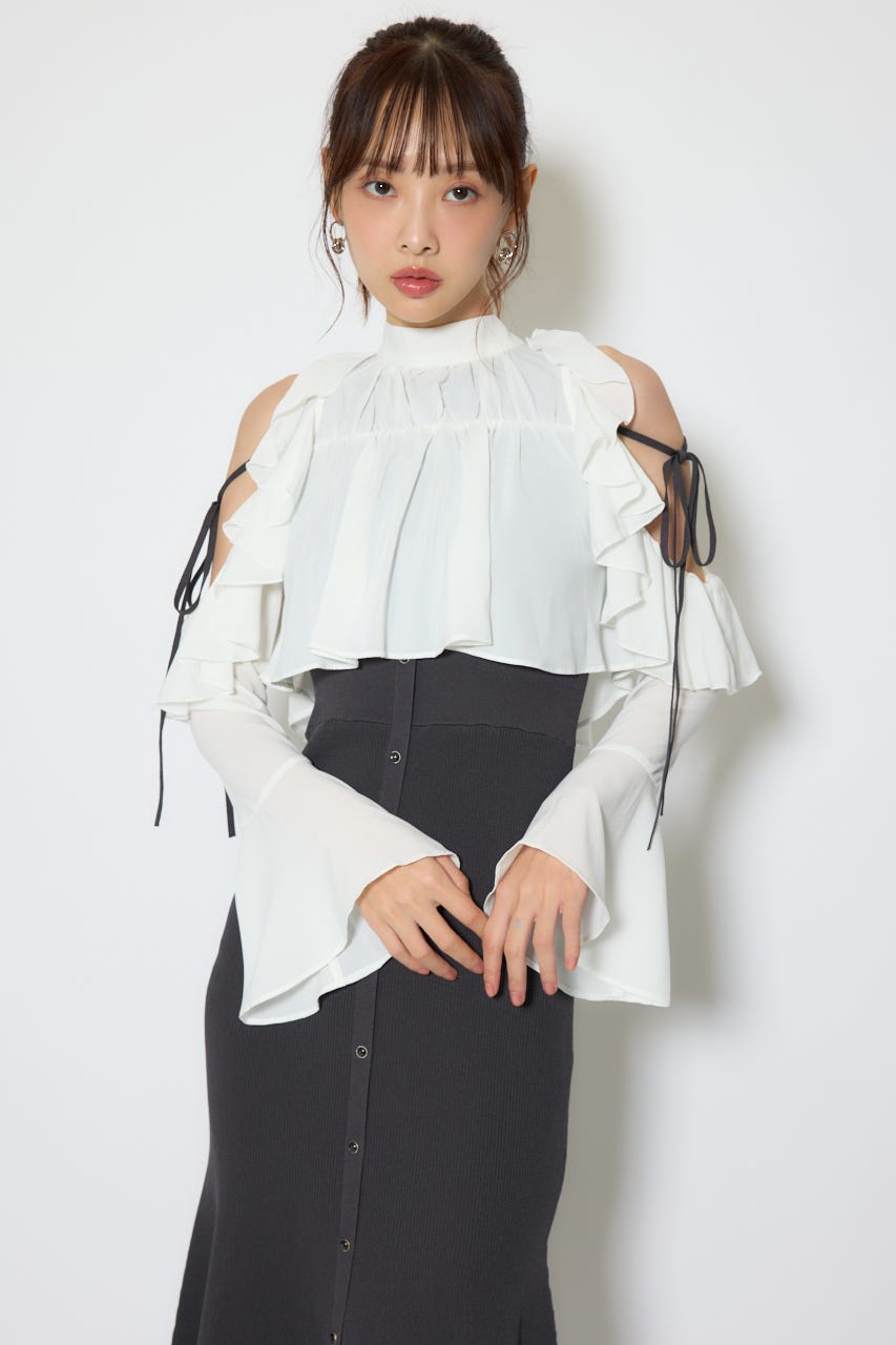 【1/25(日)23:59までSS先行予約会対象アイテム】オープンショルダーフリルニットセットワンピース BLK FREE