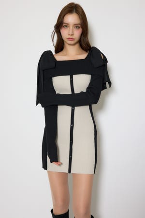 バイカラーオフショルリボンニットミニワンピース