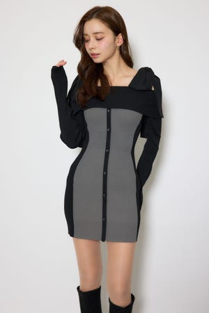 バイカラーオフショルリボンニットミニワンピース