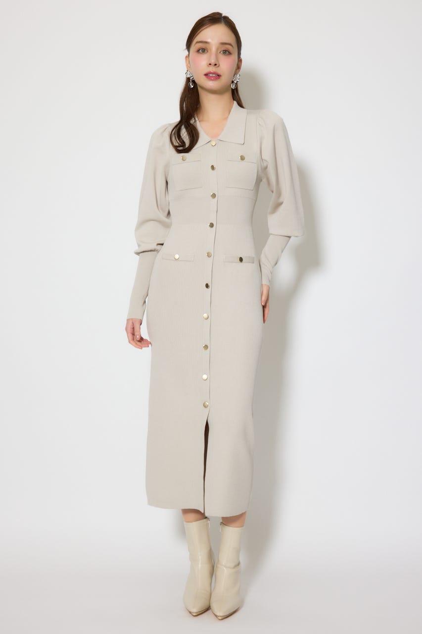 パフロングスリーブニットタイトワンピース BEG FREE