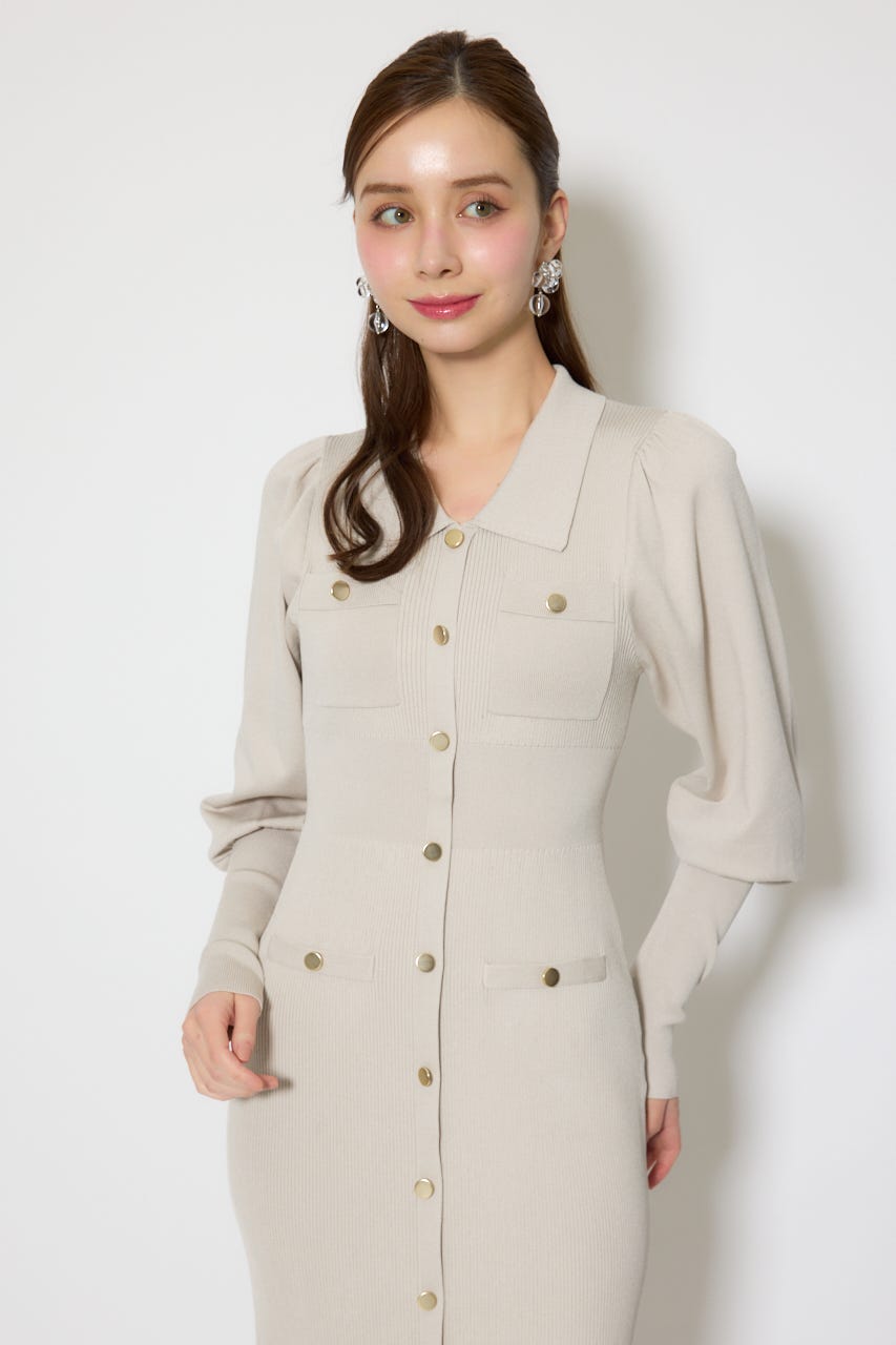 パフロングスリーブニットタイトワンピース BEG FREE