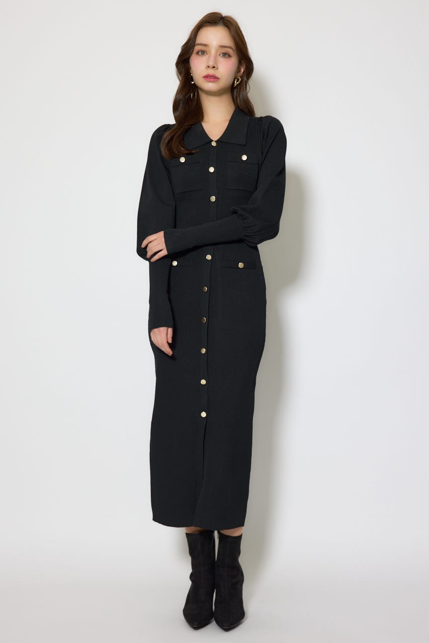 パフロングスリーブニットタイトワンピース BLK FREE