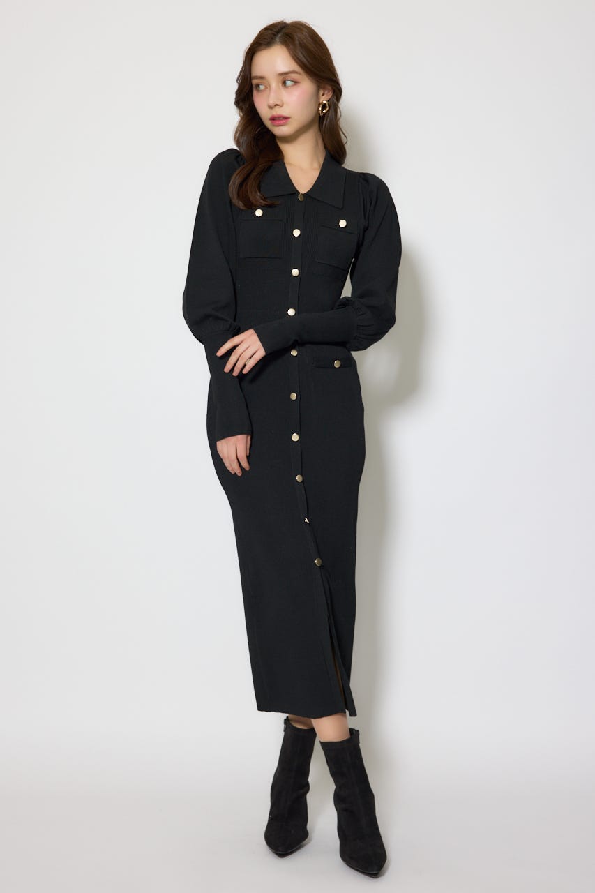 パフロングスリーブニットタイトワンピース BLK FREE