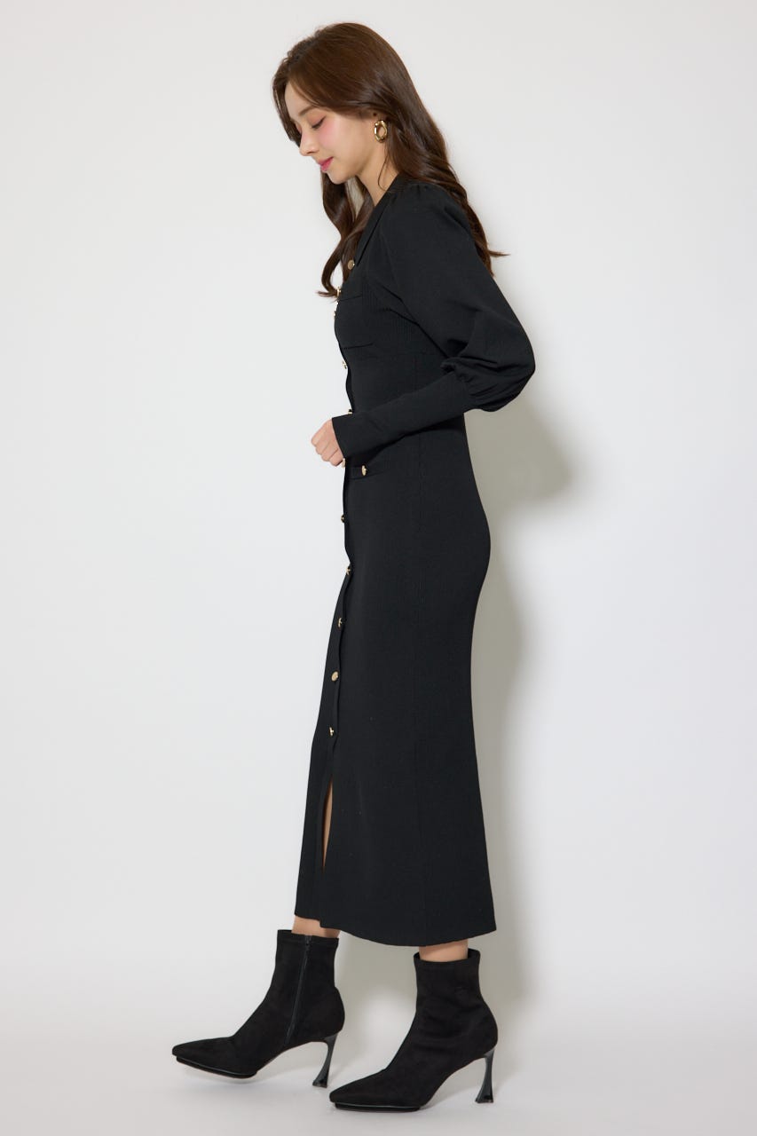 パフロングスリーブニットタイトワンピース BLK FREE