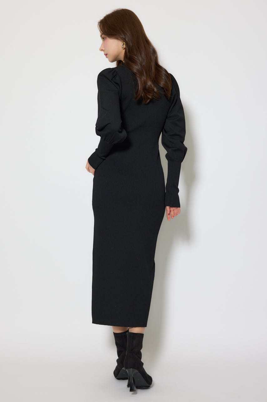 パフロングスリーブニットタイトワンピース BLK FREE