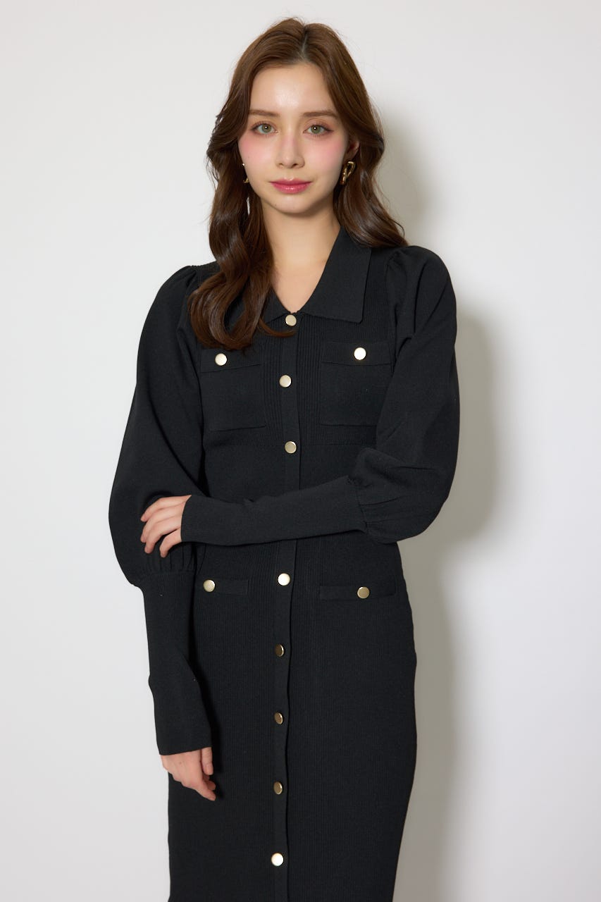 パフロングスリーブニットタイトワンピース BLK FREE