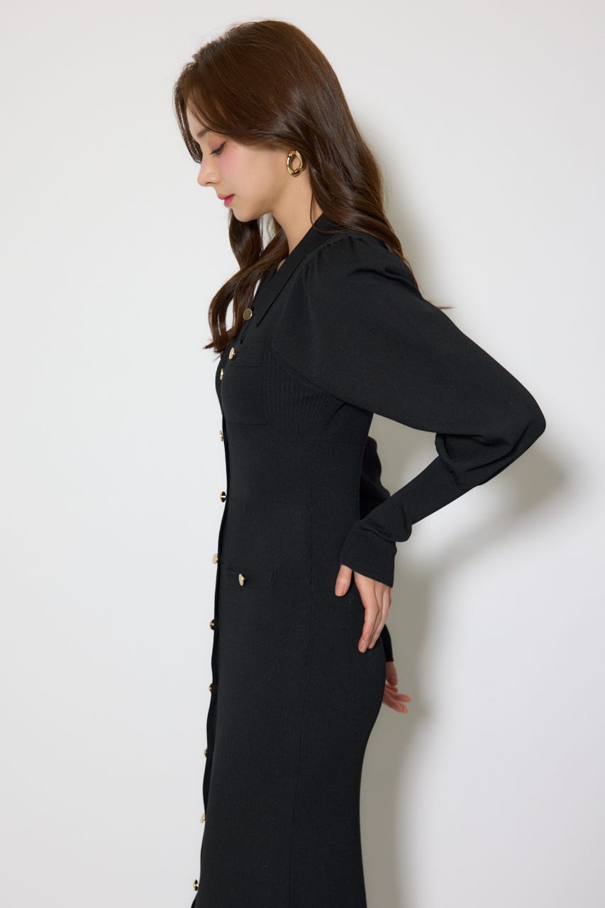 パフロングスリーブニットタイトワンピース BLK FREE