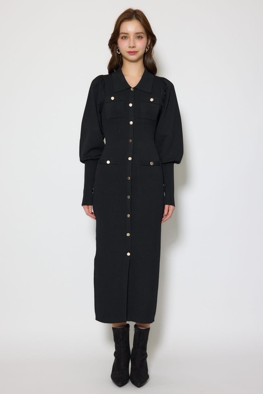 パフロングスリーブニットタイトワンピース BLK FREE