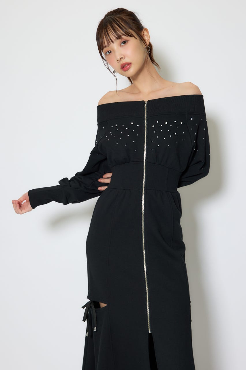 オフショルダーカッティングマーメイドワンピース BLK M