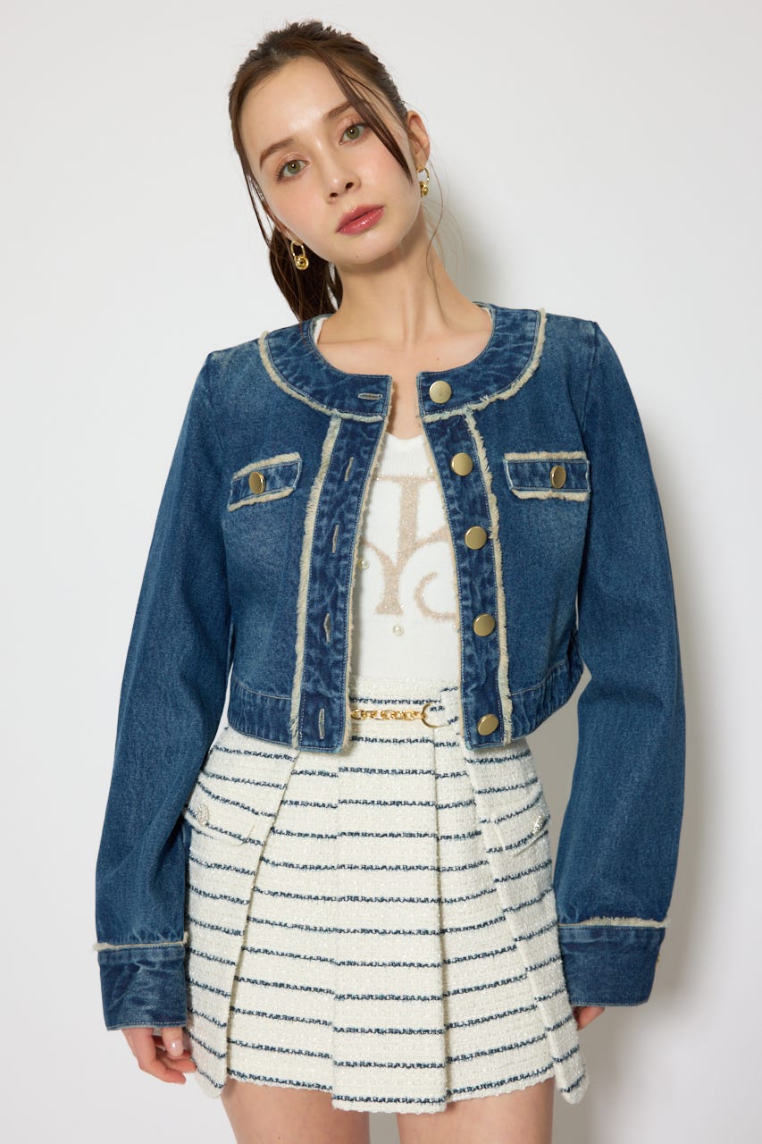 ノーカラーフリンジデニムジャケット BLU M