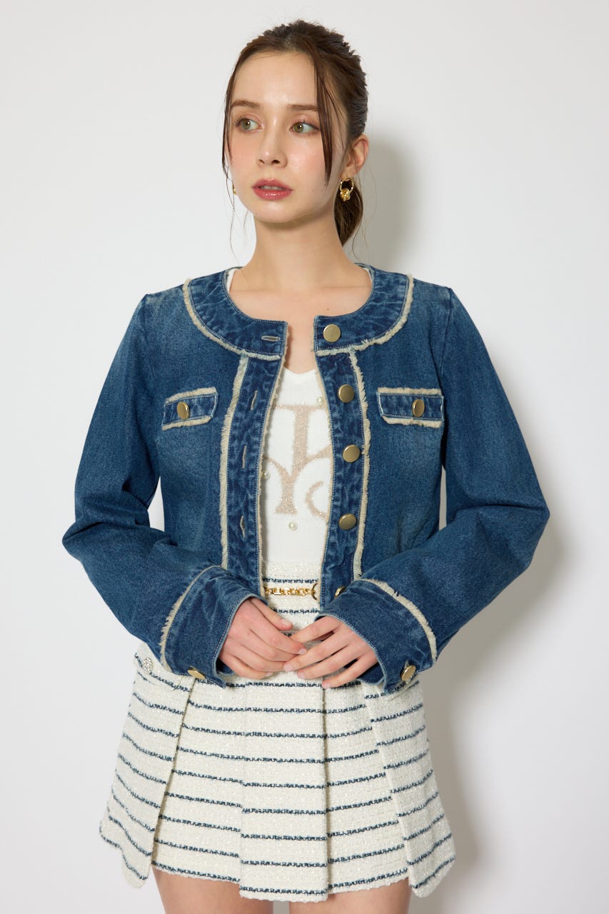 ノーカラーフリンジデニムジャケット BLU M