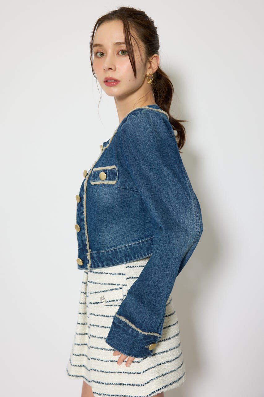 ノーカラーフリンジデニムジャケット BLU M