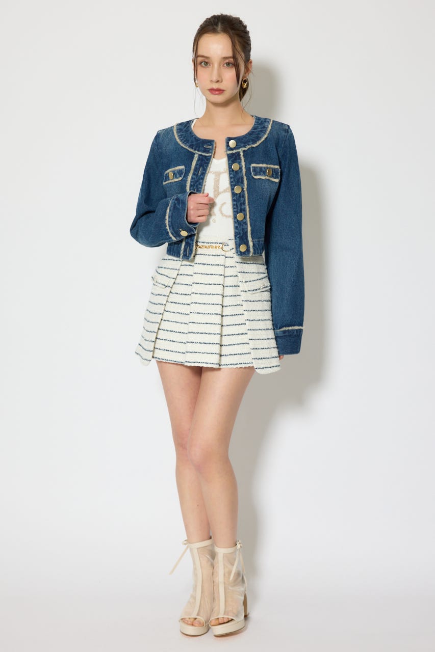 ノーカラーフリンジデニムジャケット BLU M