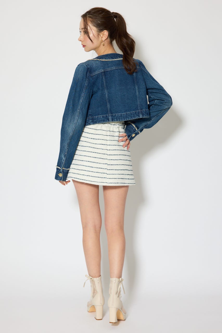 ノーカラーフリンジデニムジャケット BLU M