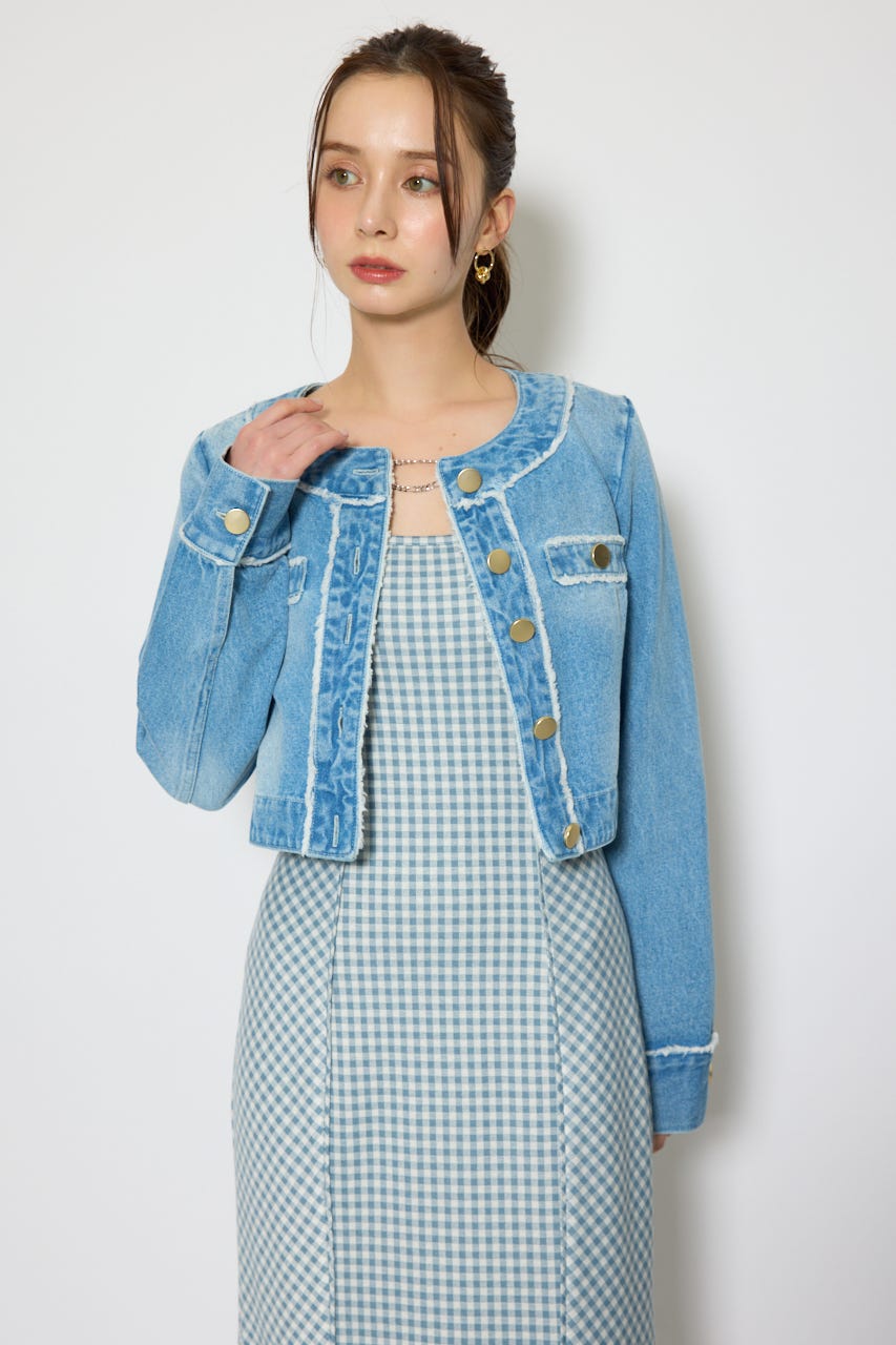 ノーカラーフリンジデニムジャケット L/BLU S