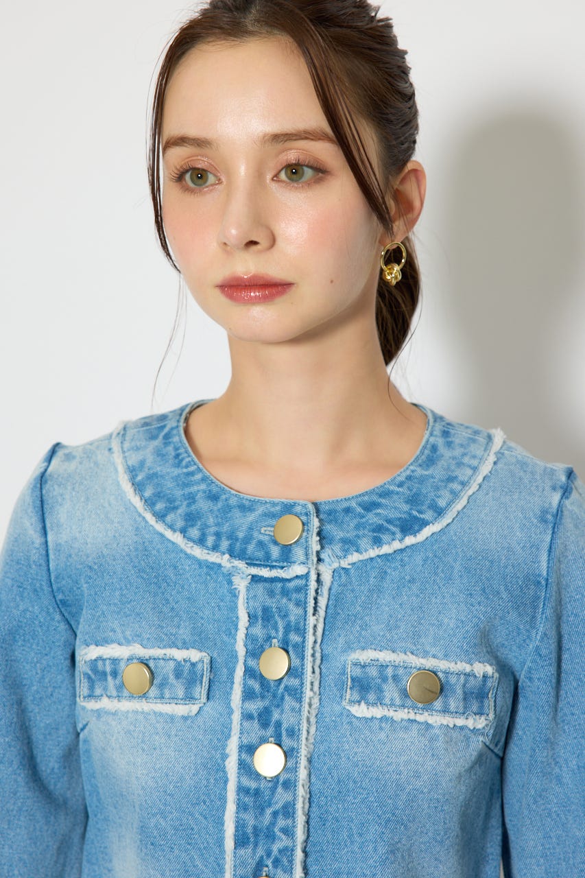 ノーカラーフリンジデニムジャケット L/BLU S