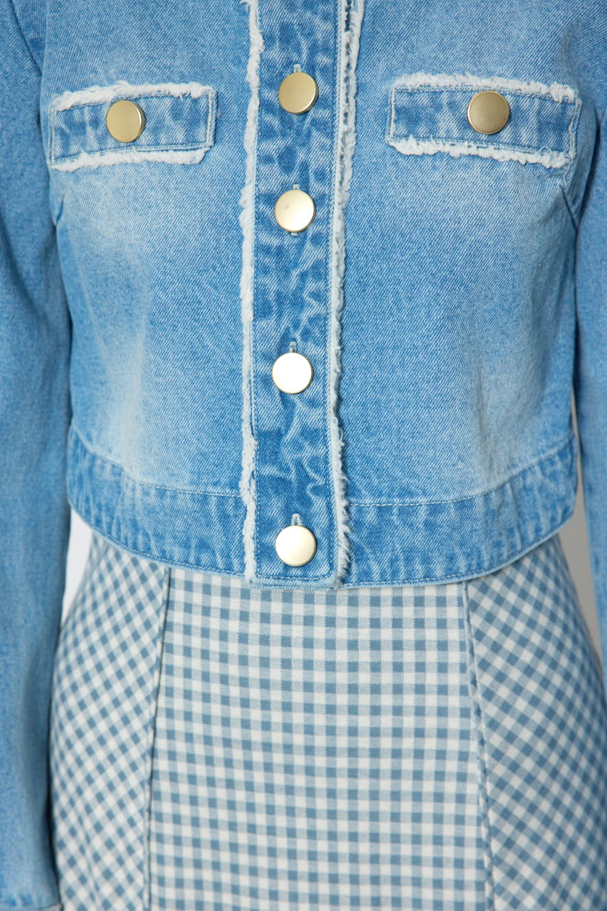 ノーカラーフリンジデニムジャケット L/BLU S