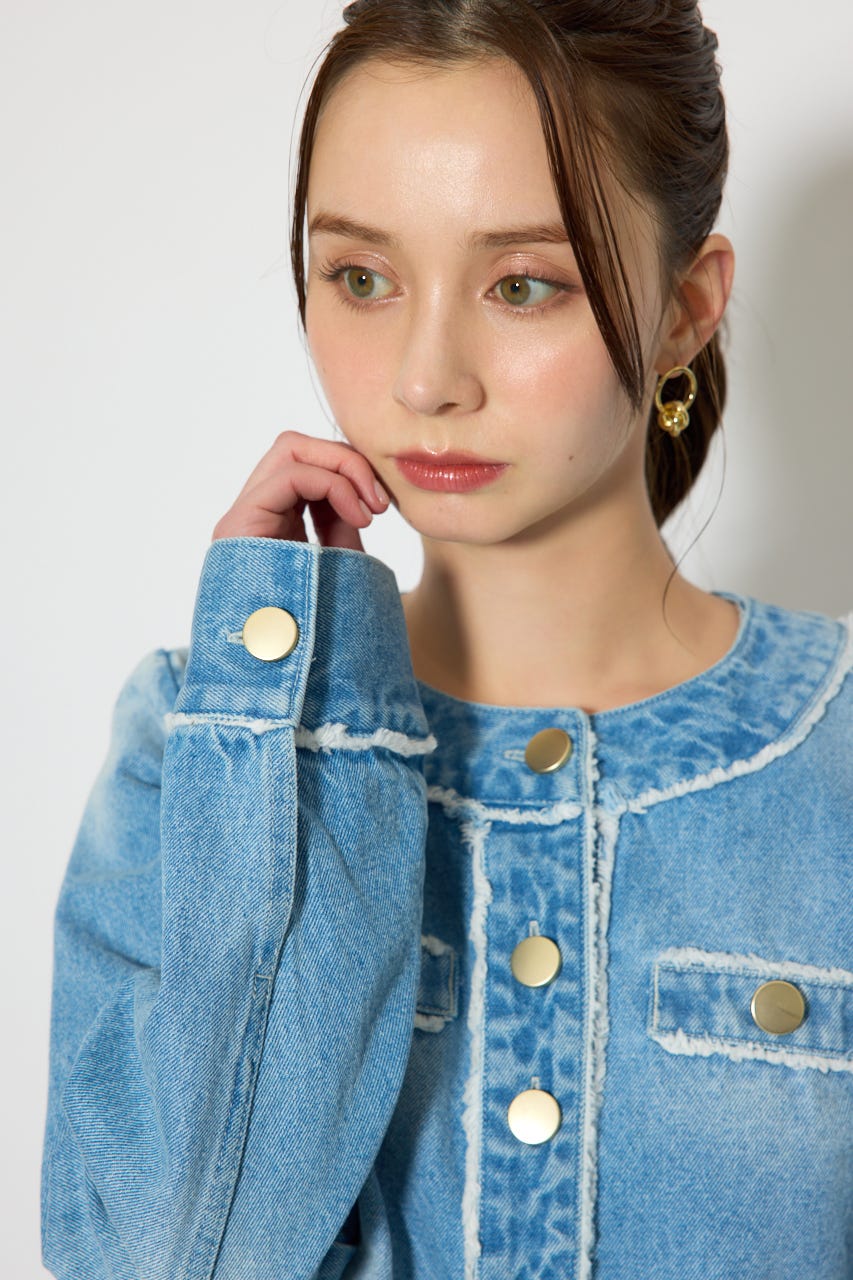 【森香澄さん着用】ノーカラーフリンジデニムジャケット L/BLU S