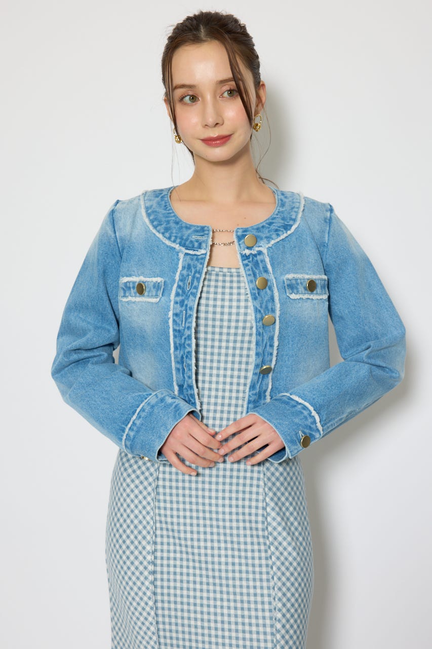 ノーカラーフリンジデニムジャケット L/BLU S