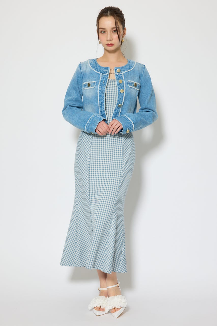 ノーカラーフリンジデニムジャケット L/BLU S