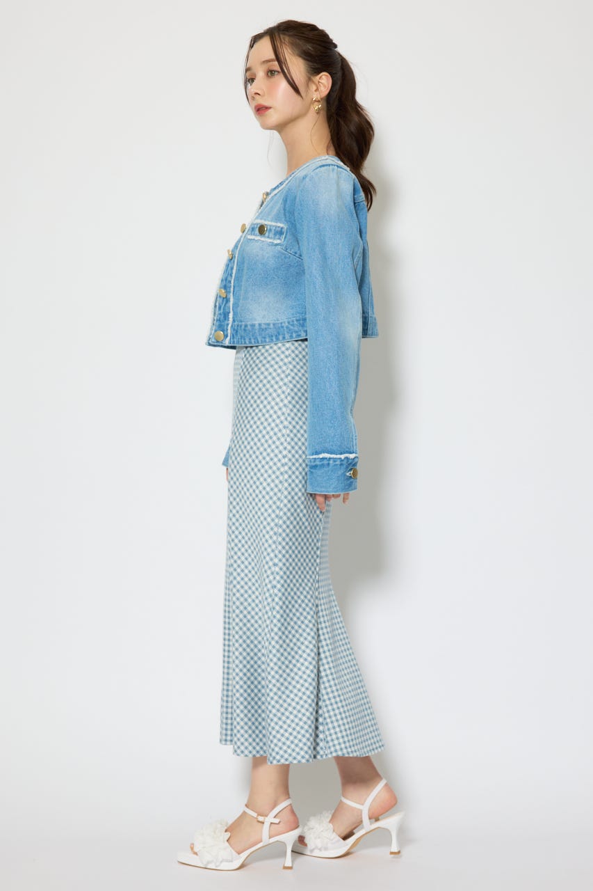 ノーカラーフリンジデニムジャケット L/BLU S