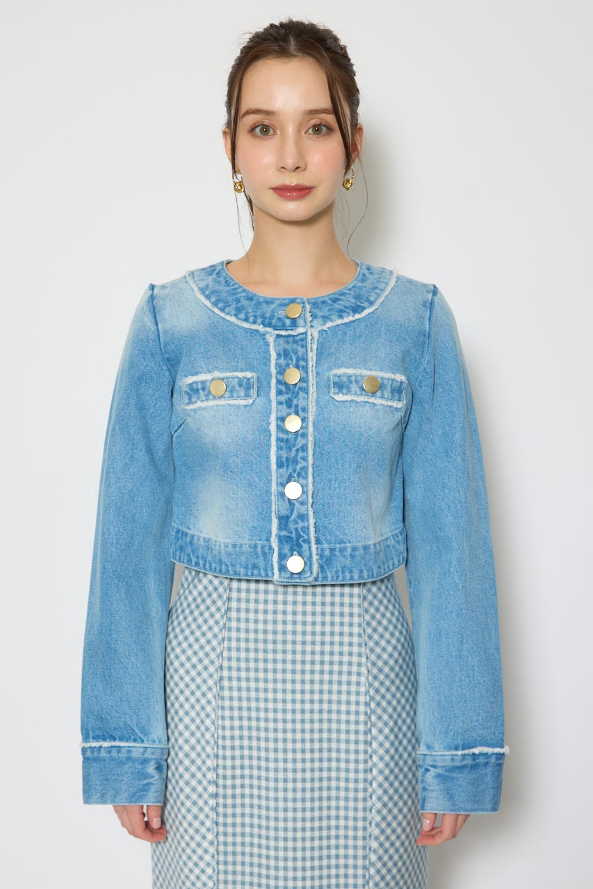 ノーカラーフリンジデニムジャケット L/BLU S