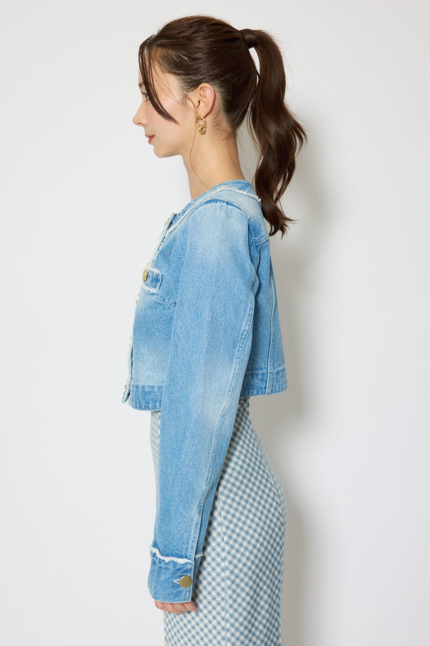 ノーカラーフリンジデニムジャケット L/BLU S