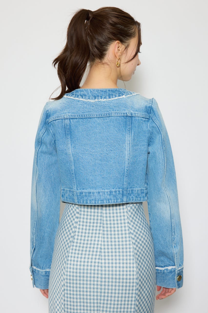 ノーカラーフリンジデニムジャケット L/BLU S