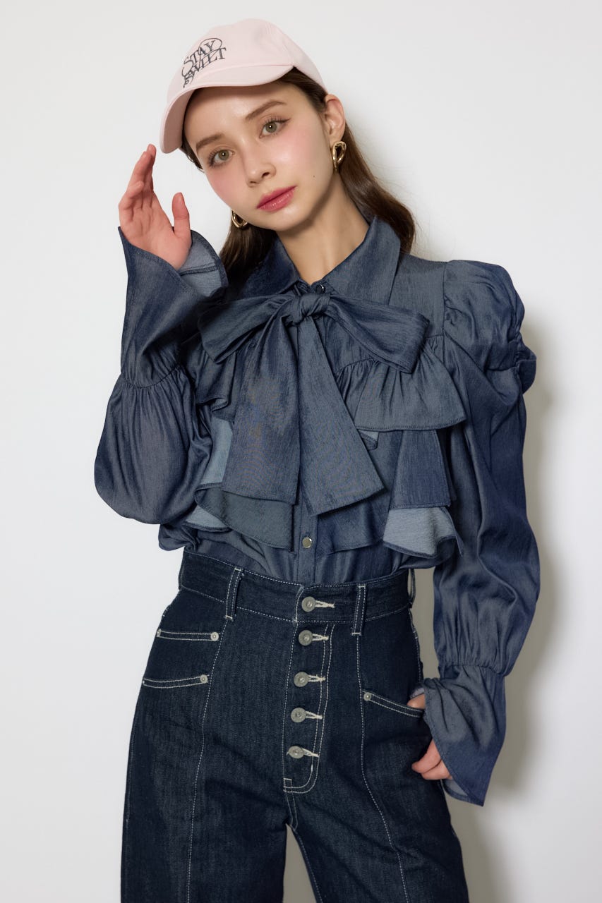 BIGリボンダンガリーパターンブラウス D/BLU FREE