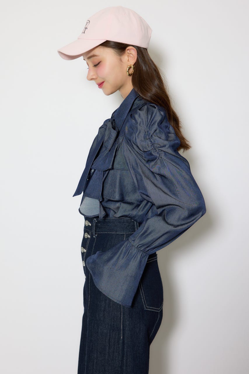 BIGリボンダンガリーパターンブラウス D/BLU FREE