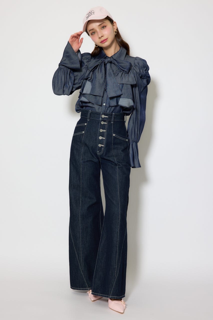 BIGリボンダンガリーパターンブラウス D/BLU FREE